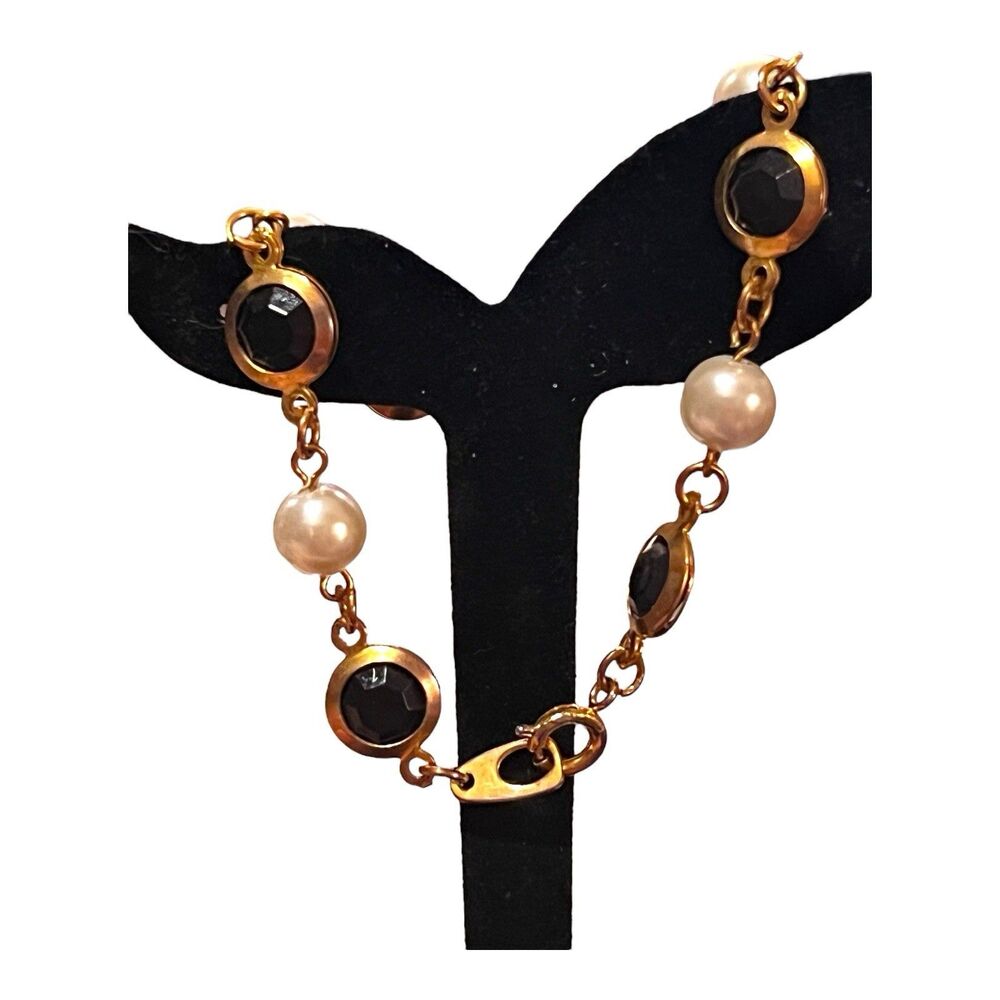 Vintage Faux Pearl & Acrylic Faceted Stones Gold Tone Bracelet Retro Mid Century - Picture 4 of 7